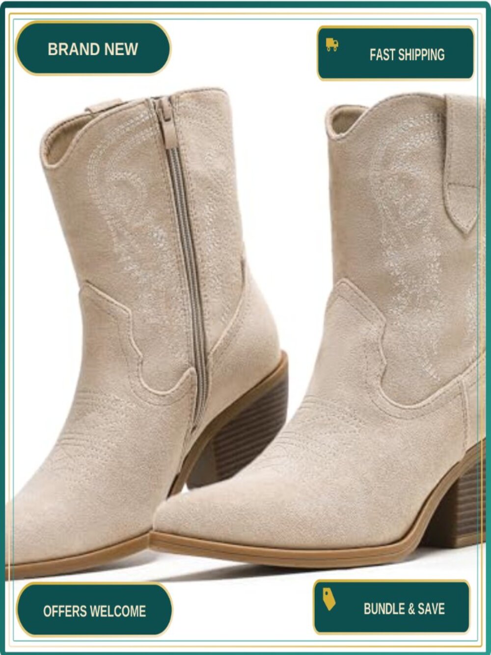 Women's Western Ankle Boots Embroidered Cowboy Booties Pointed Toe Faux Suede